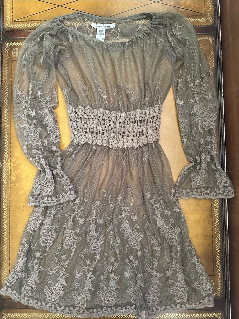 American Rag Taupe Lace Long Sleeve Dress with Smocked Waist